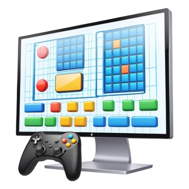 Icon for Game Design: a computer screen with a game interface, game controller, and design elements like a grid and 3D models. Transparent background. sticker