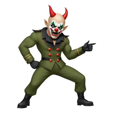 evil clown, bald, short black devil horns on forehead, fangs, pointed ears, black and military green leisure suit, realistically proportioned, bulky and muscular, full body, battle-ready, fighting posture sticker