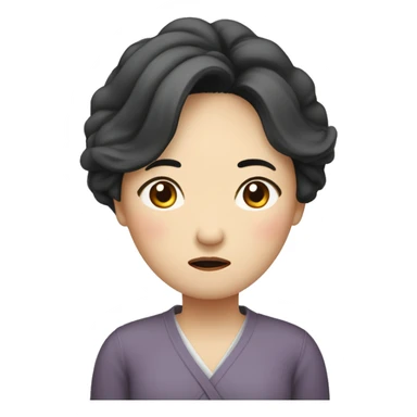 Middle-aged Korean woman in her 40s, with only one hand on her head, distressed face, sad expression, black hair sticker