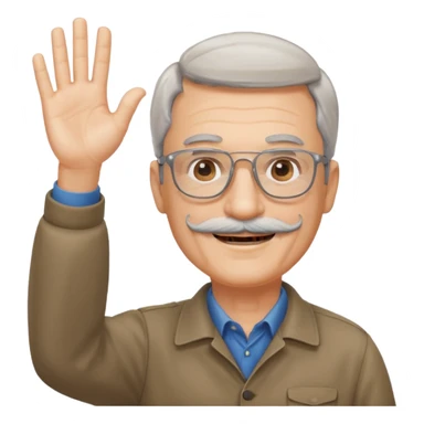 60 yr man with partially gray hair, mustache, light glasses, waving hello sticker