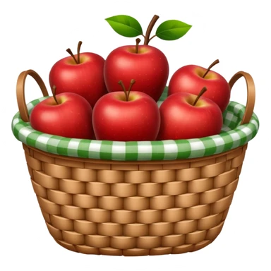 woven basket with apples and white checkered cloth, green sticker