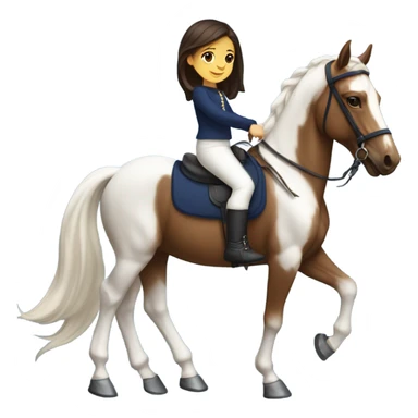 White little girl with dark hair riding Arabian horse brown wearing white top and navy blue bottom and white boots sticker