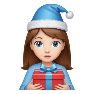 excited girl with brown hair and blue eyes, holding a present and wearing a birthday hat sticker