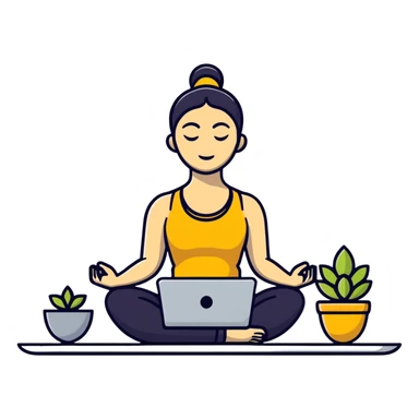 cartoon sticker of a yoga teacher meditating with a laptop beside her sticker