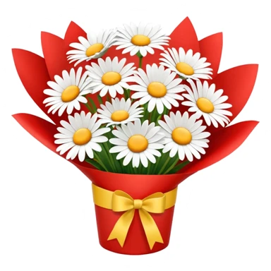 bouquet of daisy with red bow and red wrapping paper sticker