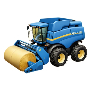 New Holland Roll-Belt 560 (2018) – Cinematic-realistic New Holland Roll-Belt 560 baler, its blue body steadily compressing golden hay into tight, round bales. The rhythmic motion of the machine continues as dust swirls in the afternoon heat, with rows of freshly cut grass stretching toward the horizon. sticker