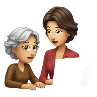 Brunette sitting opposite old woman looking at laptop sticker