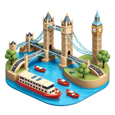 Isometric illustration of London with Tower Bridge over a small river section, toy-style boats, Big Ben peeking in background, vibrant yet muted colors, in miniature diorama style. sticker