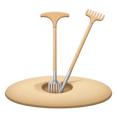 Minimalist emoji of a Japanese zen garden rake with four teeth, elegant thin lines, light wood tone, sand-beige palette, flat vector style, calm and balanced aesthetic, zen-inspired, transparent background, premium minimal design sticker