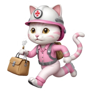 A Cartoonish cute white and pink funny cat cartoon style, dressed as engineer with a white helmet, running super fast carrying her cute bag, leaving a trail of smoking footsteps sticker