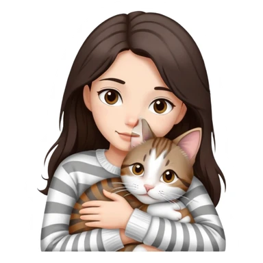 a girl with long dark brown hair, in a
white sweater and brown eyes, hugs a tabby
grey and white strips one cat.  sticker