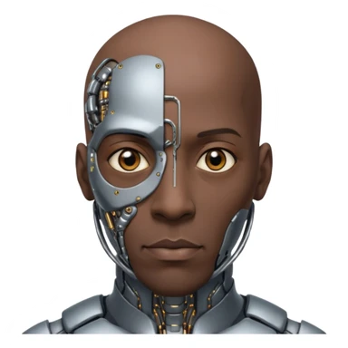 bald black man, vertical half of his face covered in cyborg augmentations sticker