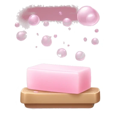Light pink soap bar sitting on a soap holder, with soap bubbles  sticker