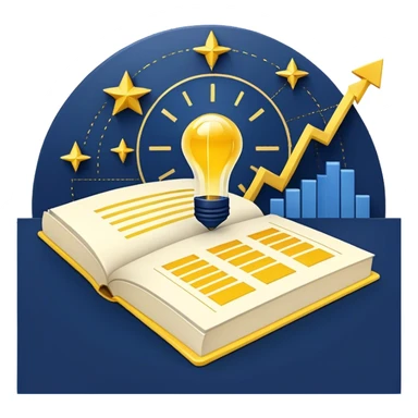 A yellow productivity book with navy blue and gold details, and chart with upward trend aura, radiating productivity, strategy, and success in motion with time and happiness yellow... power in time aura of happiness sticker
