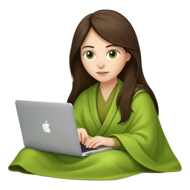 Brunette long hair woman inside a green pistachio color blanket working on her MacBook  sticker