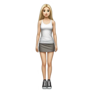 caucasian woman, with long straight hair, blonde hair, brown eyes, white tank top, gray tight mini skirt, black shoes, full body, hyperrealist drawing sticker