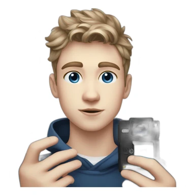 white blue eyed teen boy with dark blonde hair stands with a black polaroid onestep sticker