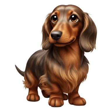 cheerful long-haired brown marble dachshund in full height on the side with small ball sticker