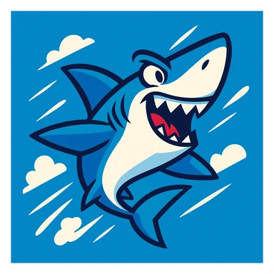 flying shark, cartoon style, dynamic pose, blue and white colors sticker