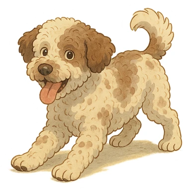 playful pose Lagotto Romagnolo dog, roan coat, gentle lighting, ghibli style sticker