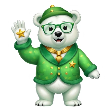 full body friendly anthropomorphised polar bear wearing large multicolored star-shaped glasses and festive St. Patrick's Day outfit, waving and smiling sticker