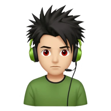 chico pelo medio largo ojos rojos y una camisa verde pelo tipo spike y unos audifonos pelo negro y mas voñuminoso sticker
