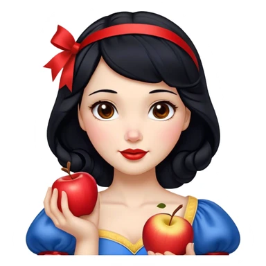 Cinematic Realistic Snow White Portrait, depicted with lifelike skin texture, soft natural lighting, and intricately detailed black hair styled with a red ribbon. Her soft brown eyes radiate innocence and kindness, complemented by a warm, gentle smile. She holds an apple in one hand, her other hand resting against her cheek, embodying her purity and charm. She is dressed in her classic yellow, blue, and red gown, the fabric rich in texture with delicate folds that catch the light beautifully. The portrait features a soft, natural glow with a radiant finish, capturing the essence of timeless beauty in a realistic and painterly style. sticker