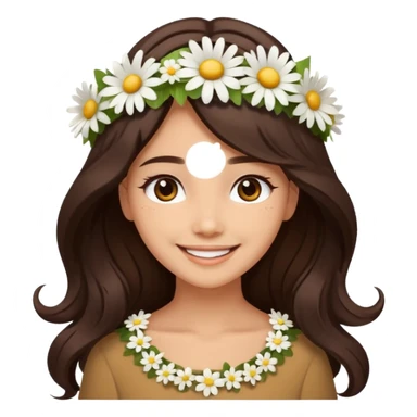 Medium skin tone female, long dark-brown hair with gentle waves, wearing a white daisy floral crown. sticker