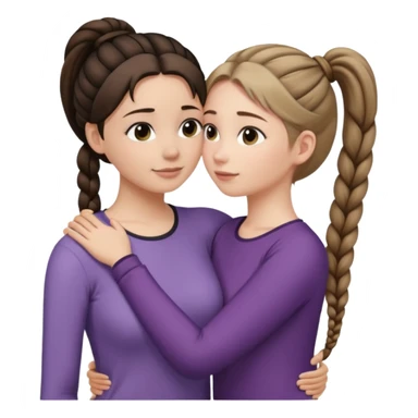 Comforting Hug two white skin women, one shorter woman with medium brown simple top ponytail, not braided, and one taller woman with a single long black side braid sticker