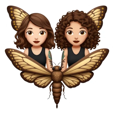 giant moth ride — long wavy brown hair tattooed woman and short tight curly brown hair woman — night flight sticker