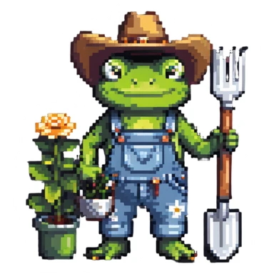 frog wearing a cowboy hat and denim overalls, holding gardening tools sticker