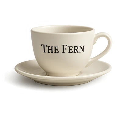 white coffee cup with 'The Fern' written on it in elegant serif letters, classic and refined look sticker
