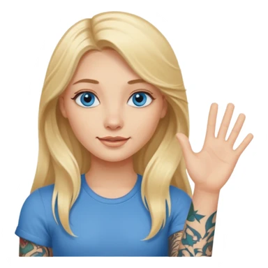 blonde girl with long hair blue eyes waving hello with tattoos sticker