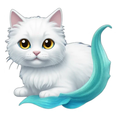 White fluffy cat with blue mermaid tail without legs sticker
