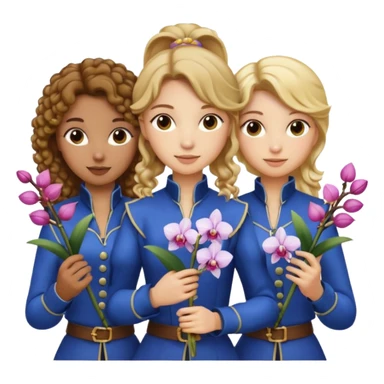 3 female musketeers, oneceith brown curly hair, one with straight blond hair, one eith blond hair on pony tail, all holding orchids sticker