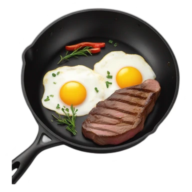 steak and eggs frying in black frying pan sticker