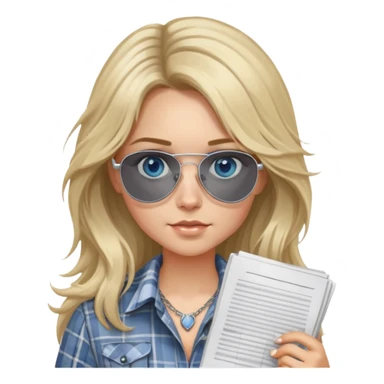 girl with long blond messy hair wearing grey plaid shirt with blue eyes and aviator sunglasses wearing a ring on her silver necklace, holding lawyer papers sticker