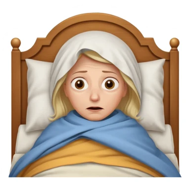 A 55-year-old woman lying in bed, unable to sleep. She looks exhausted and desperate, with visible dark circles under her eyes, tired facial expression. She is under the blankets, staring at the ceiling.  sticker