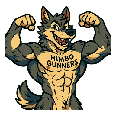 very muscular, handsome, and detailed wolf furry, shirtless, with 'Himbo Gunners' tattooed on chest, flexing pose, energetic, playful, extremely detailed anatomy and fur sticker