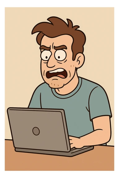 a white man in front of a laptop, cartoon style sticker