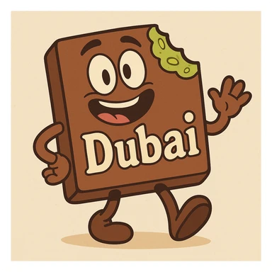 cartoon-style Dubai chocolate with a bite, green pistachio filling visible, playful and bold colors sticker