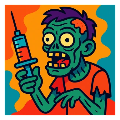 zombie holding a syringe, vibrant cartoon style sticker
