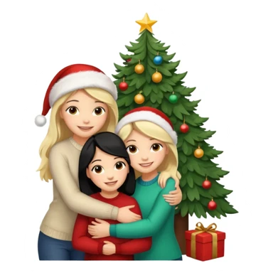 Generate Christmas-style emojis  family. Where light-skinned people stand near the tree all together, hugging and smiling. 2 girl should be Light-haired woman, 1 woman black-haired woman, and add 1 man  sticker