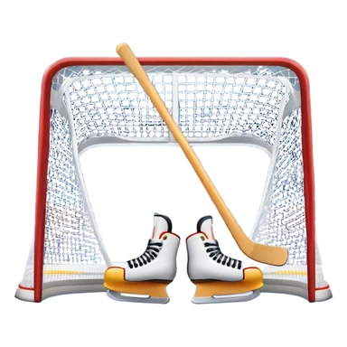 An icon showing a close-up of a hockey stick, puck, skates, and hockey net placed on the ice. The background features a packed stadium with bright lights, cheering fans, and snowy scenery outside. Transparent background highlights the key elements of the game. sticker