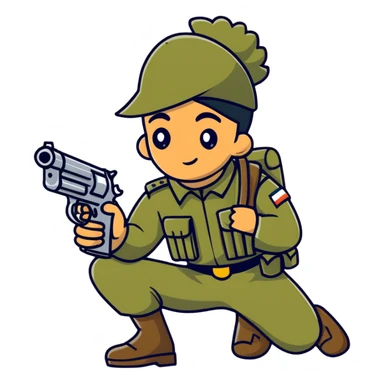 Indian soldier greasing a gun, cartoonish sticker sticker