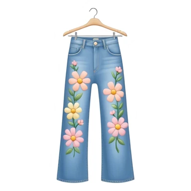 light was denim wide leg jeans with pastel flowers painted on them on hanger sticker