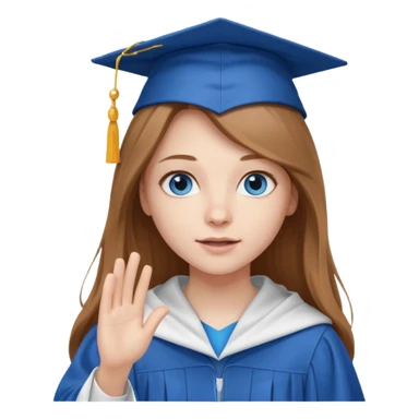 light brown haired girl with long hair, blue eyes, pale skin, wearing graduation regalia with white hood, throwing cap sticker