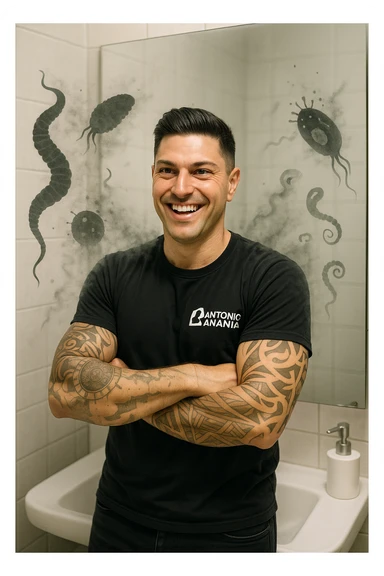 a man stands in a brightly lit bathroom, looking relieved and revitalized as he examines his reflection in the mirror. In the foreground, stylized, shadowy images of parasites (such as worms or protozoa) are shown leaving his body, dissolving into mist or fading away. His posture is upright and his expression is one of newfound energy and health. sticker