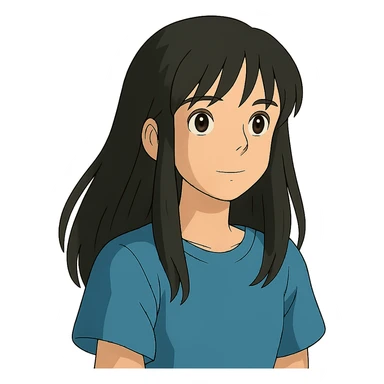 ghibli style teenager girl with black long hair and blue shirt sticker