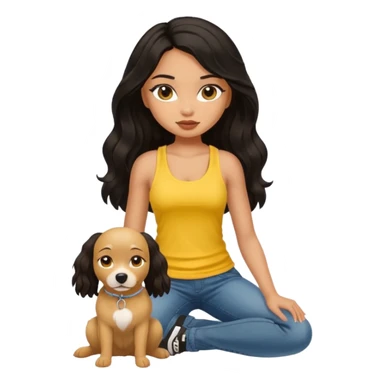 a tan pretty bratz girl with long wavy black hair, wearing a yellow tank top with a dog sticker